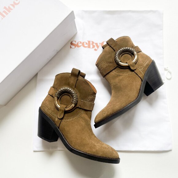 See By Chloe Hana Suede Bootie Military Green Brown Size EU 37 US 7 NEW IN BOX - Picture 4 of 13